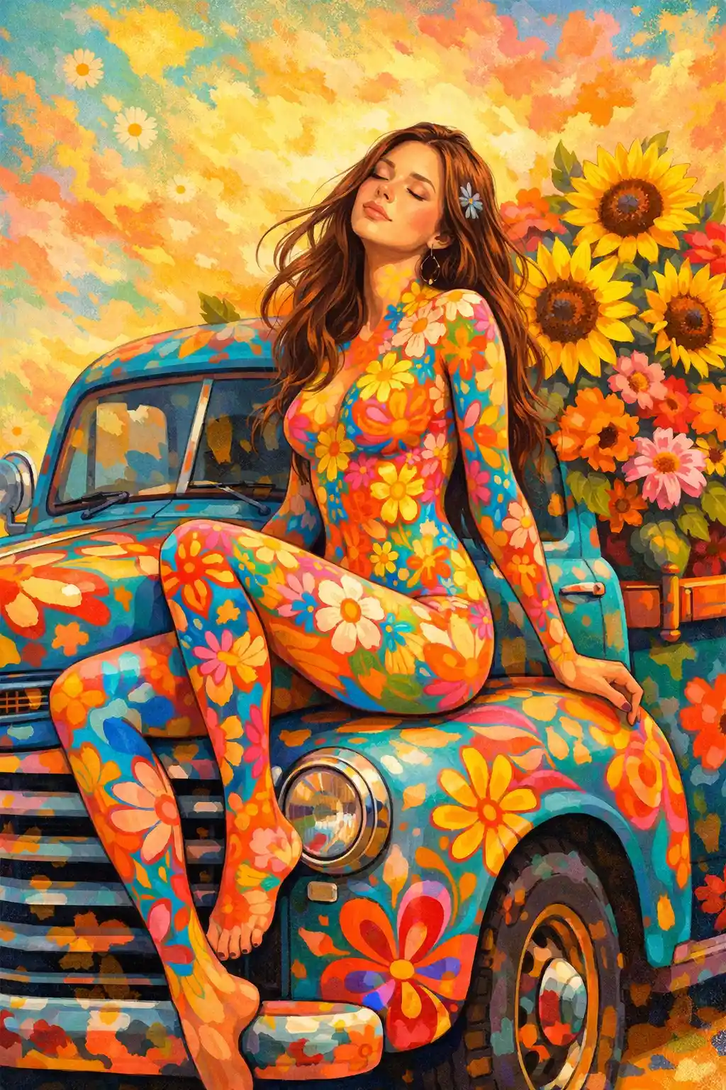 Blumenbemalte Frau ruht auf einem Vintage-Türkis-Truck