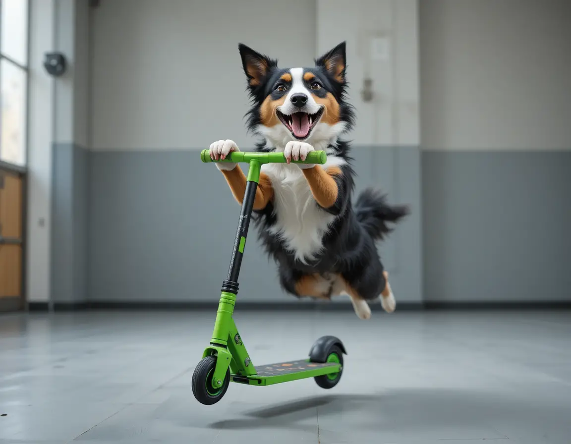 Playful border collie jumping on a green kick scooter