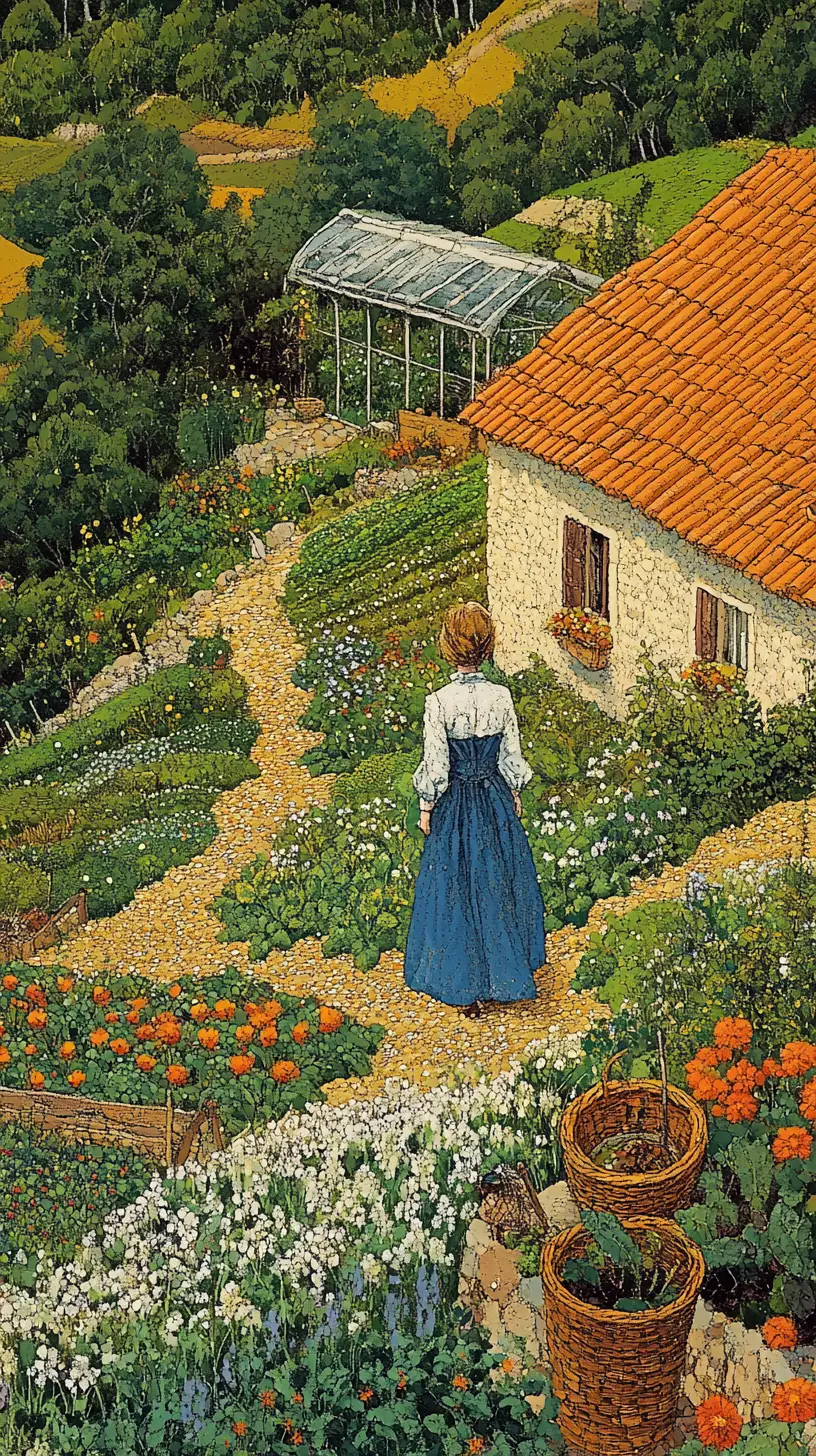 Girl In Blue Dress Walking Along A Spring Garden Path