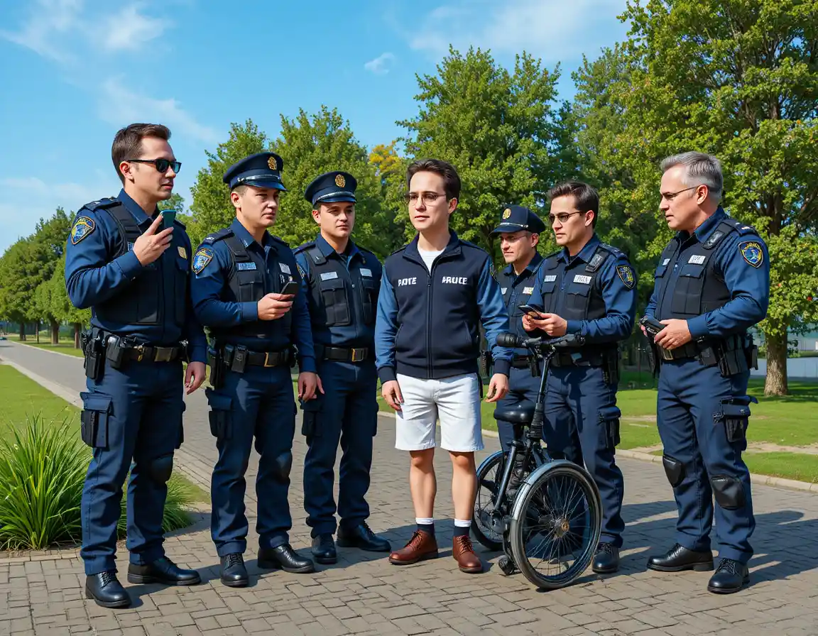 Police officers checking phones beside intercepted scooter