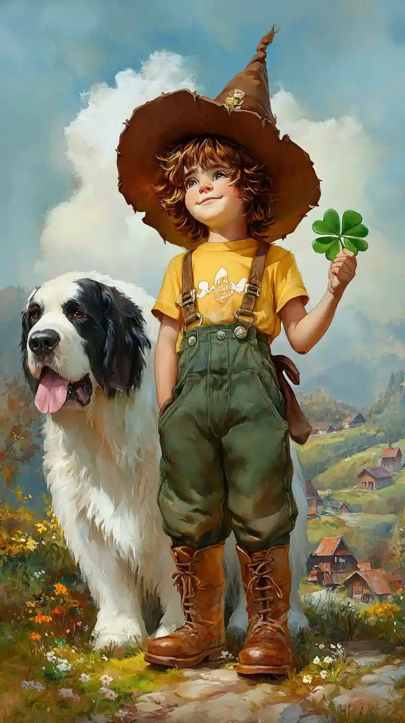 Cute boy with clover and saint bernard in countryside watercolor