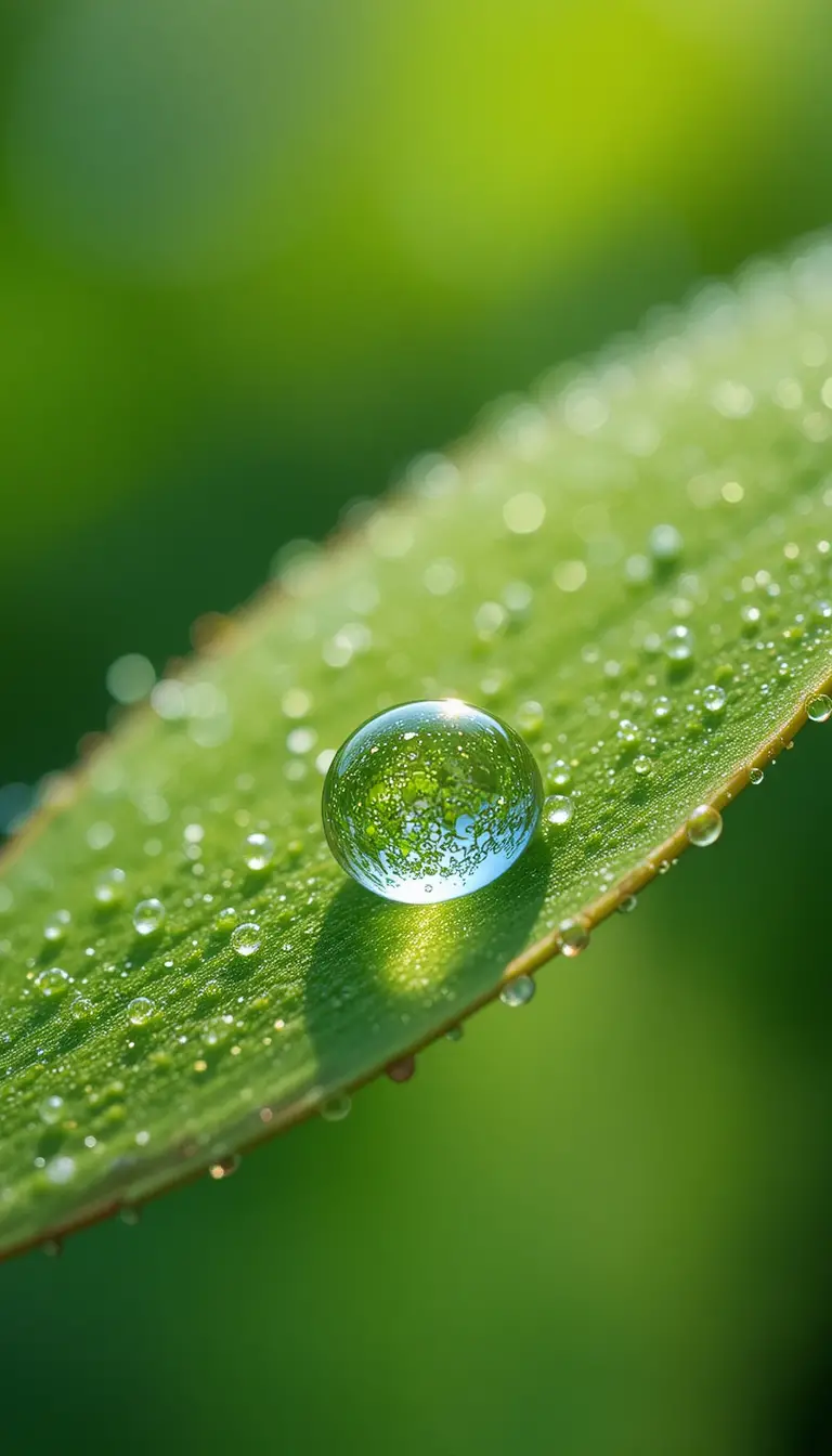 Sunlit dew drop on a bright green leaf close up