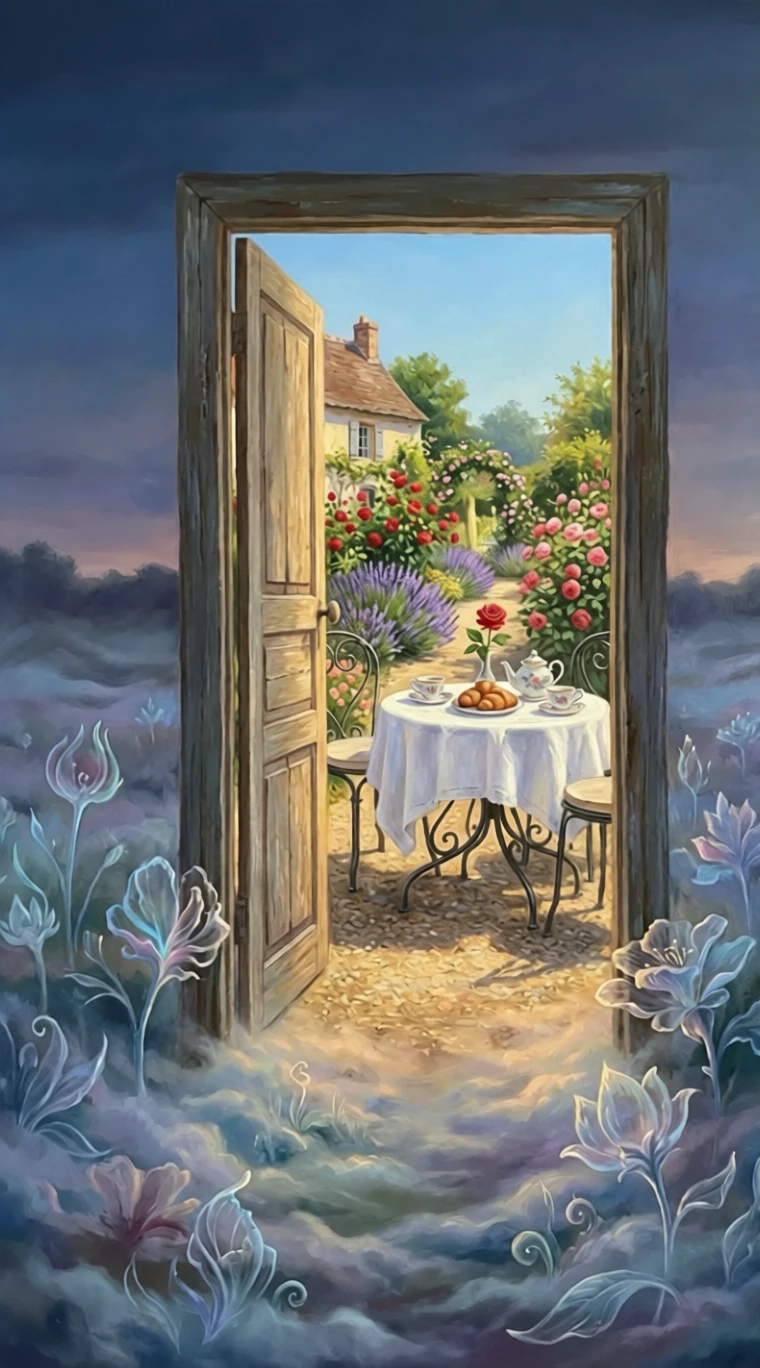 Surreal wooden door opening to a sunlit French garden