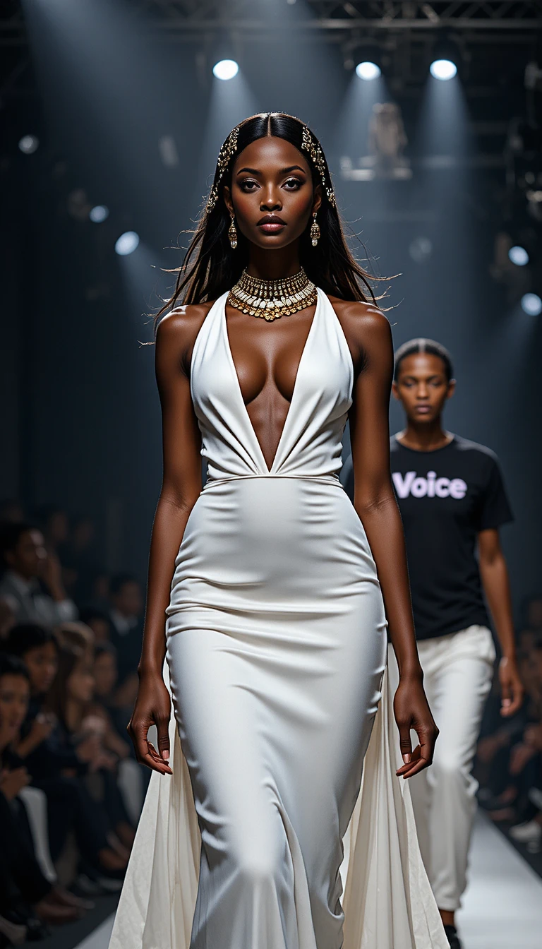 Confident black fashion model on a dramatic runway