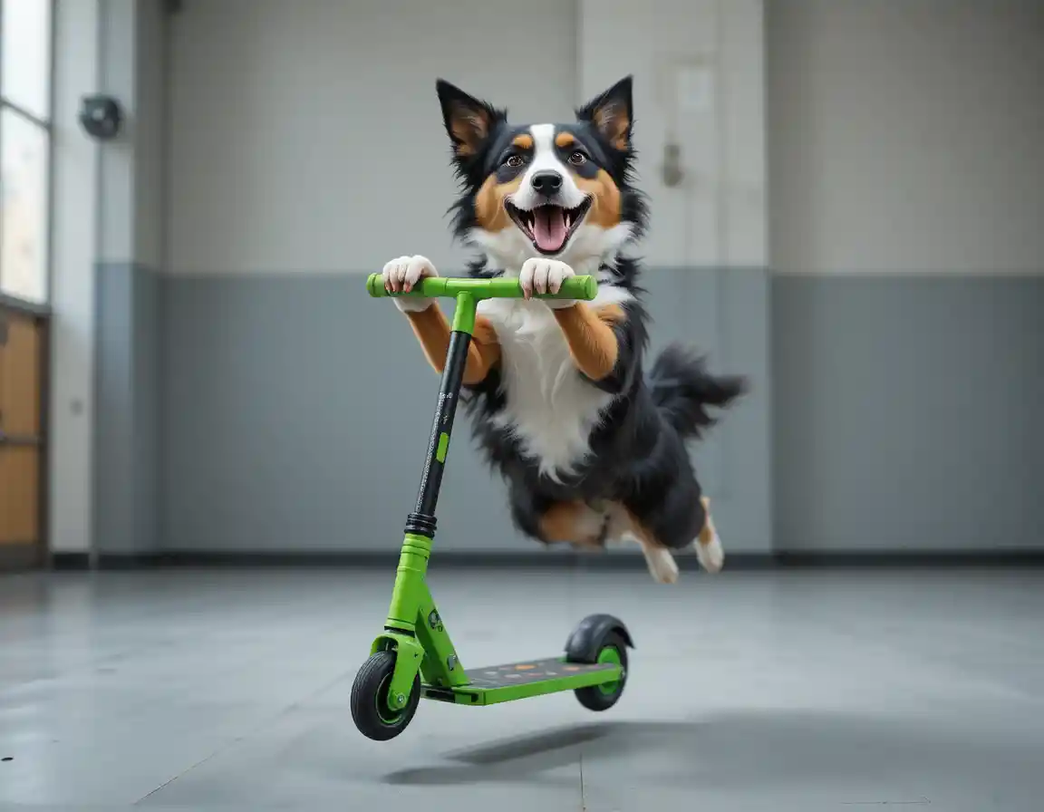 Playful border collie jumping on a green kick scooter