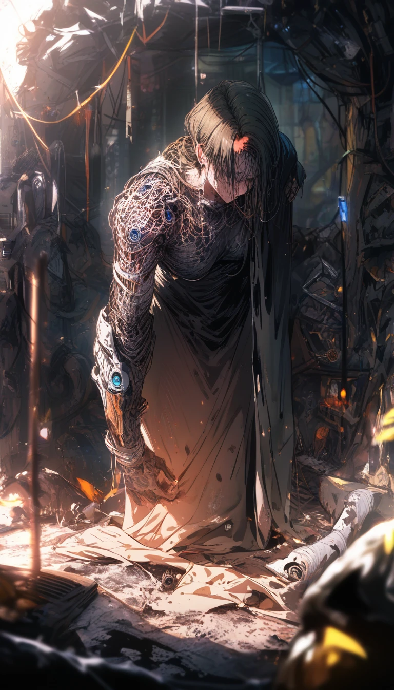 Plus sized worn cyborg woman in grimy sci fi interior