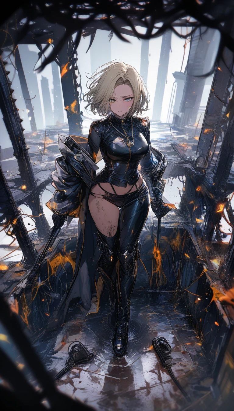 Plus sized cyborg woman in messy stained sci fi room