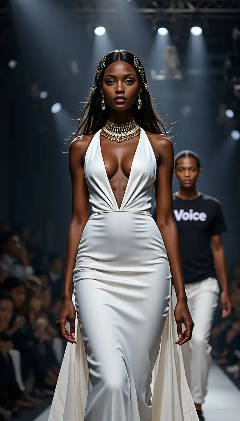 Confident black fashion model on a dramatic runway