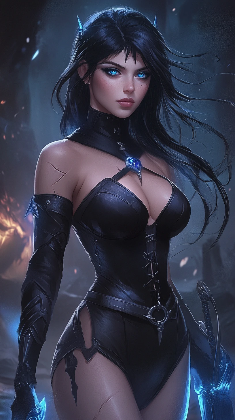 Determined anime sorceress in sleek heroine costume