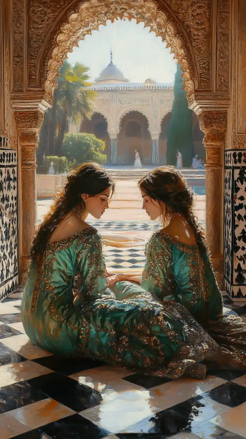 Sleeping women in a sunlit riad interior oil painting