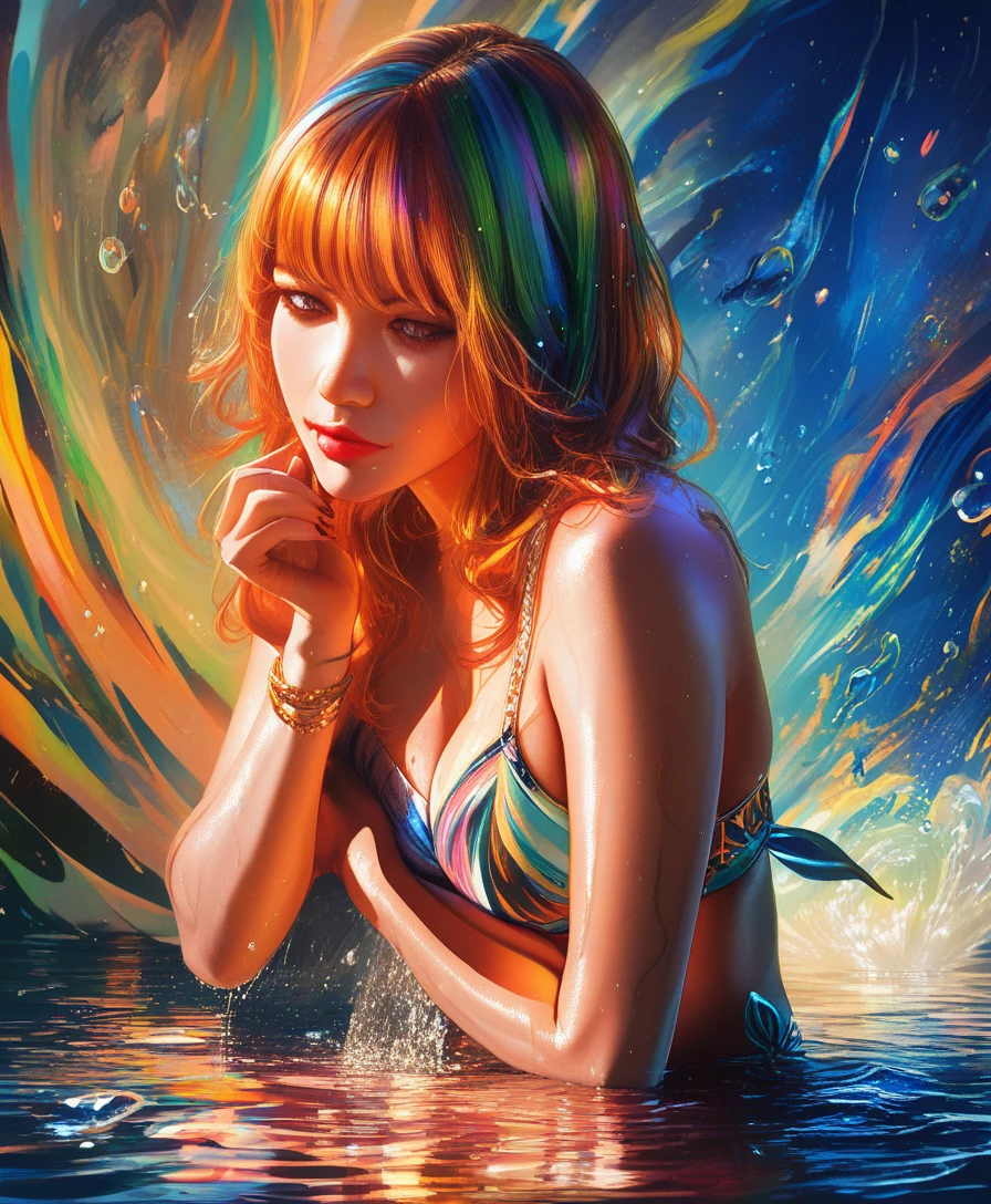 Young woman with wet rainbow hair in shallow water