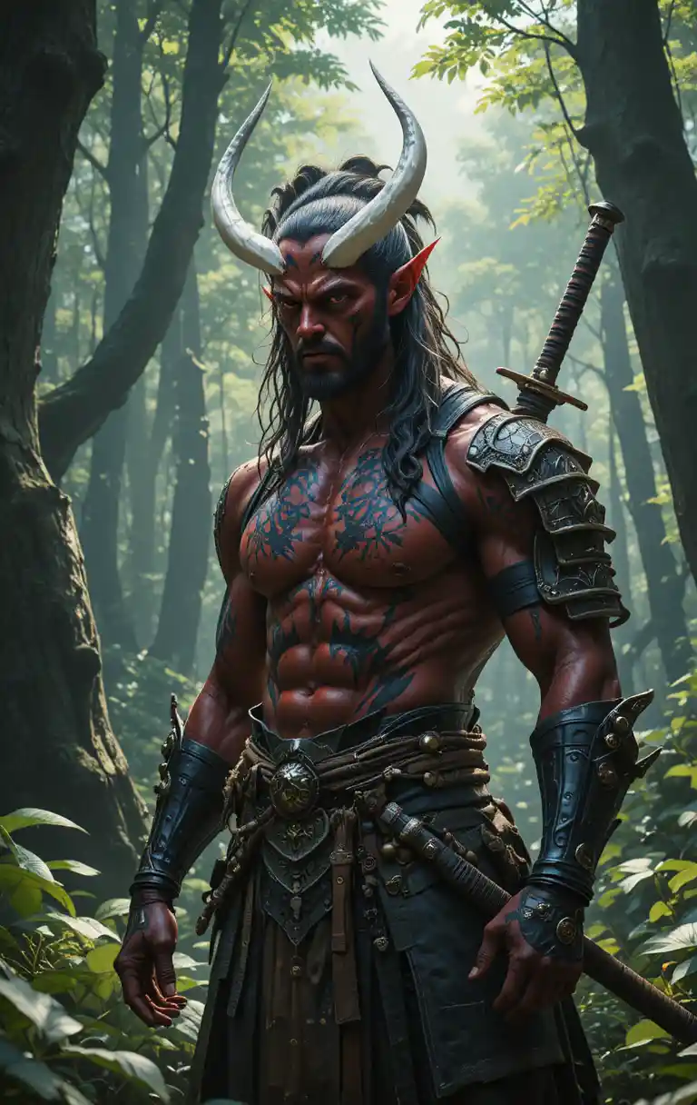 Red demon warrior in samurai armor within a lush forest