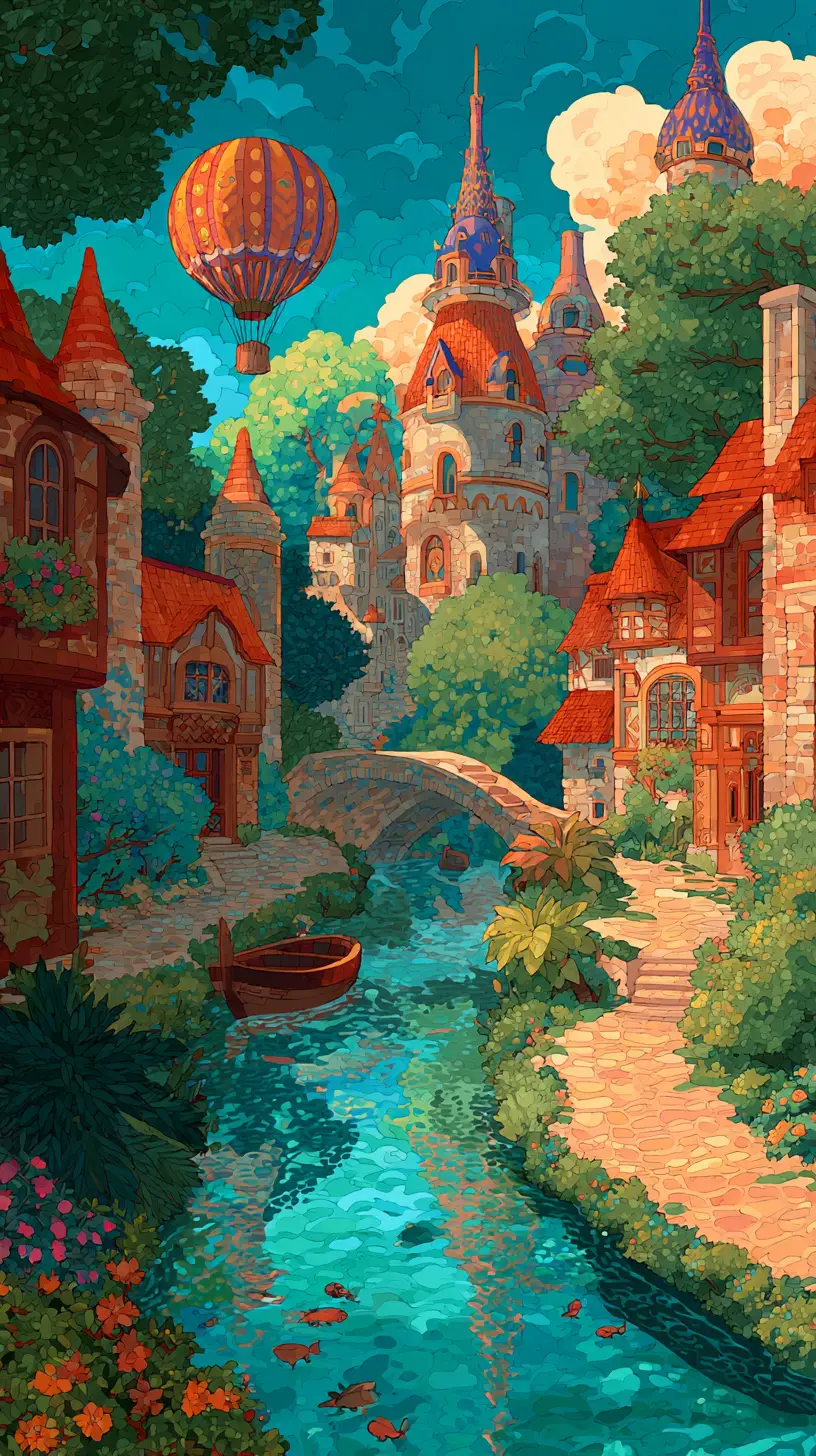 Colorful fantasy village with river and floating balloons