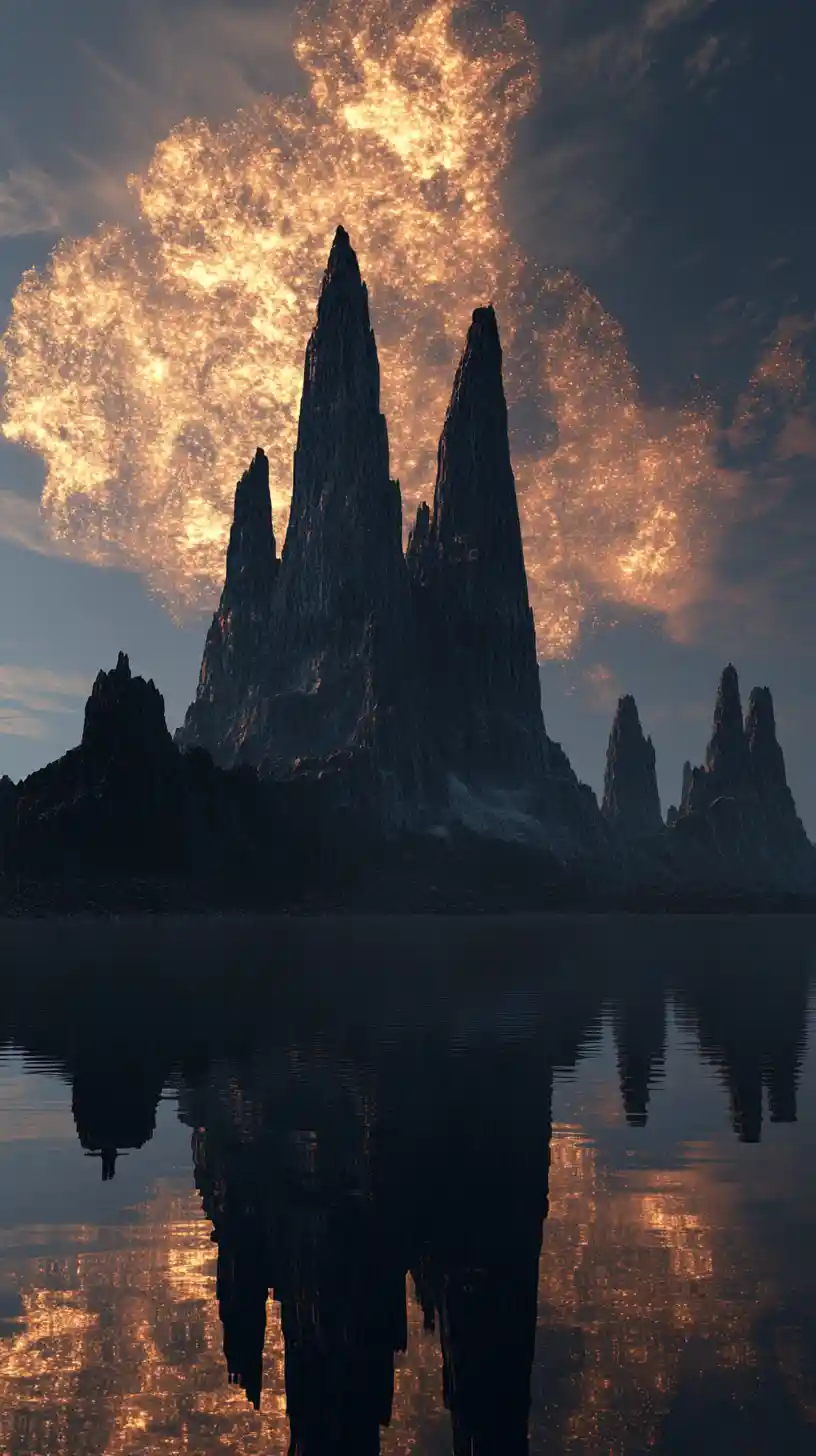 Surreal coastal rock spires mirrored in glowing dusk water