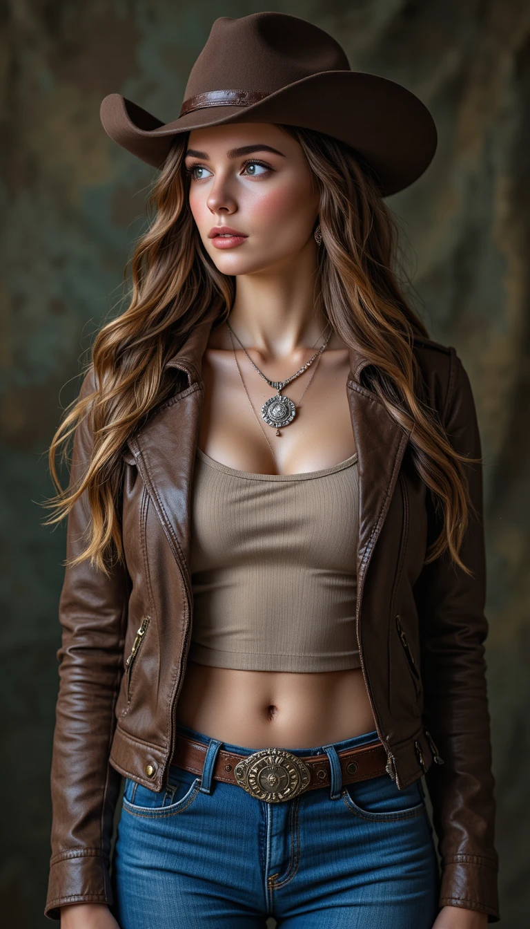 Thoughtful cowgirl portrait in brown hat and denim