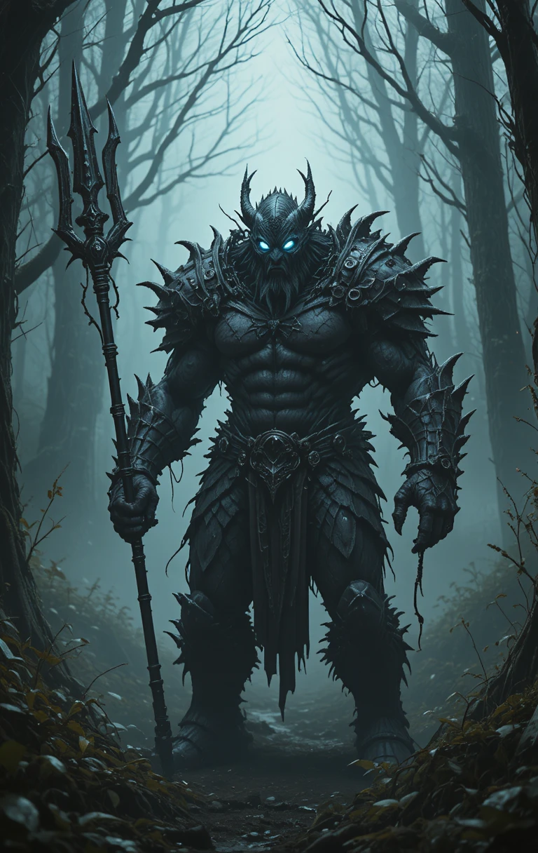 Beastly armored warrior with glowing mask in dark forest