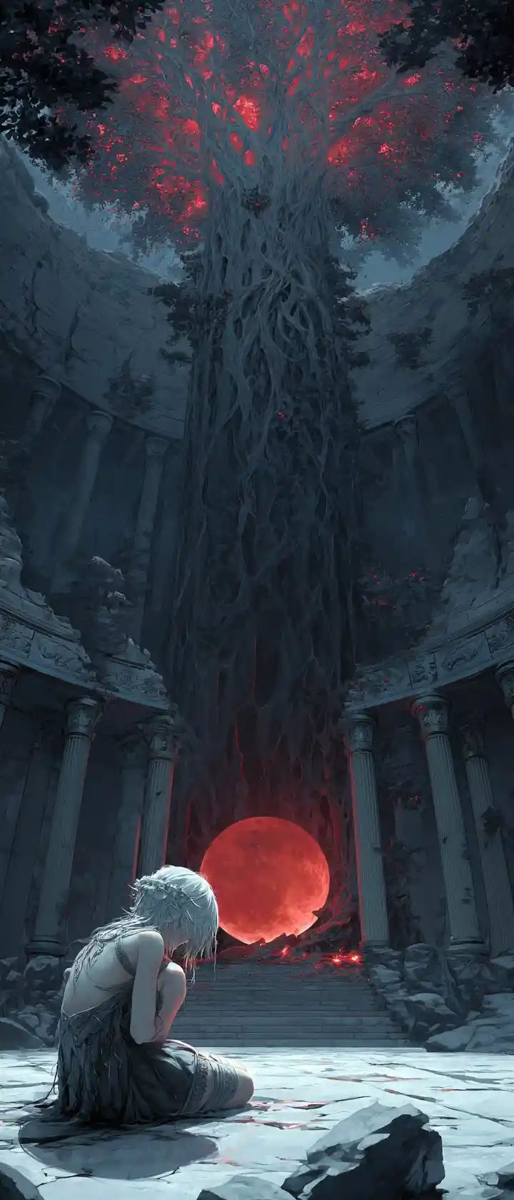 Elven guardian kneeling before a colossal dying world tree