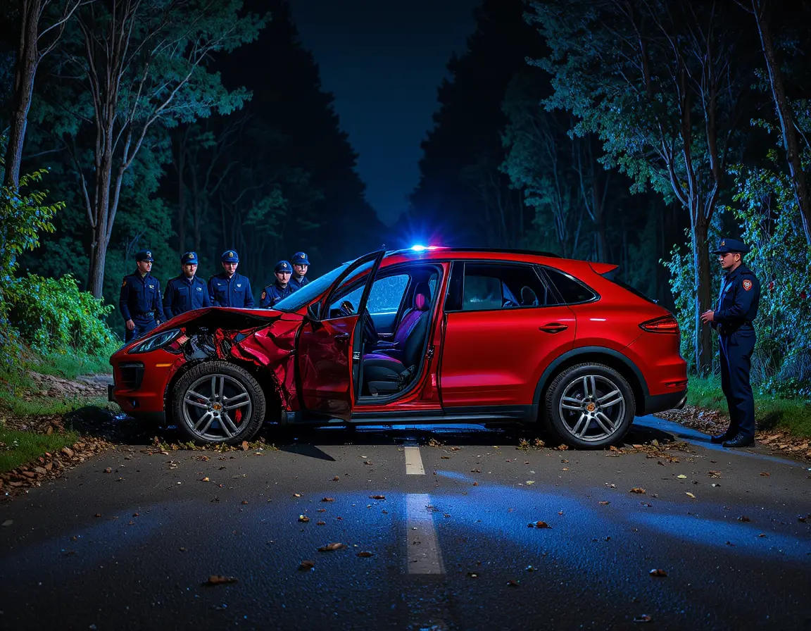 Destroyed red sports car split in two on dark road