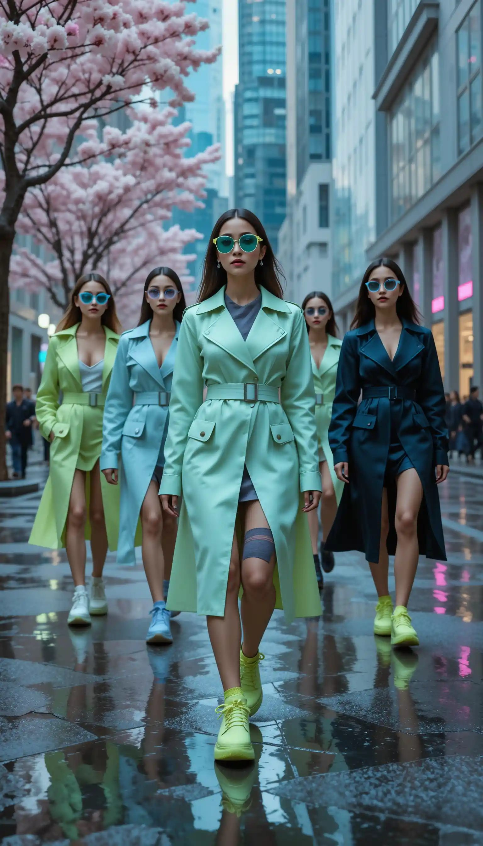 Modelli di moda diversi che camminano in una piazza cittadina futuristica