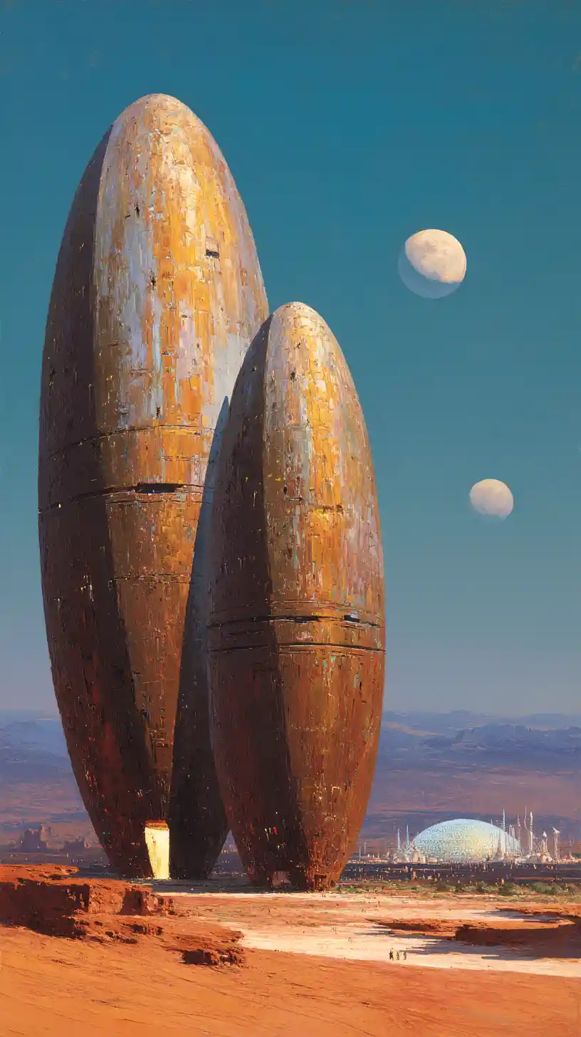 Colossal alien monoliths rising from rust red desert plains