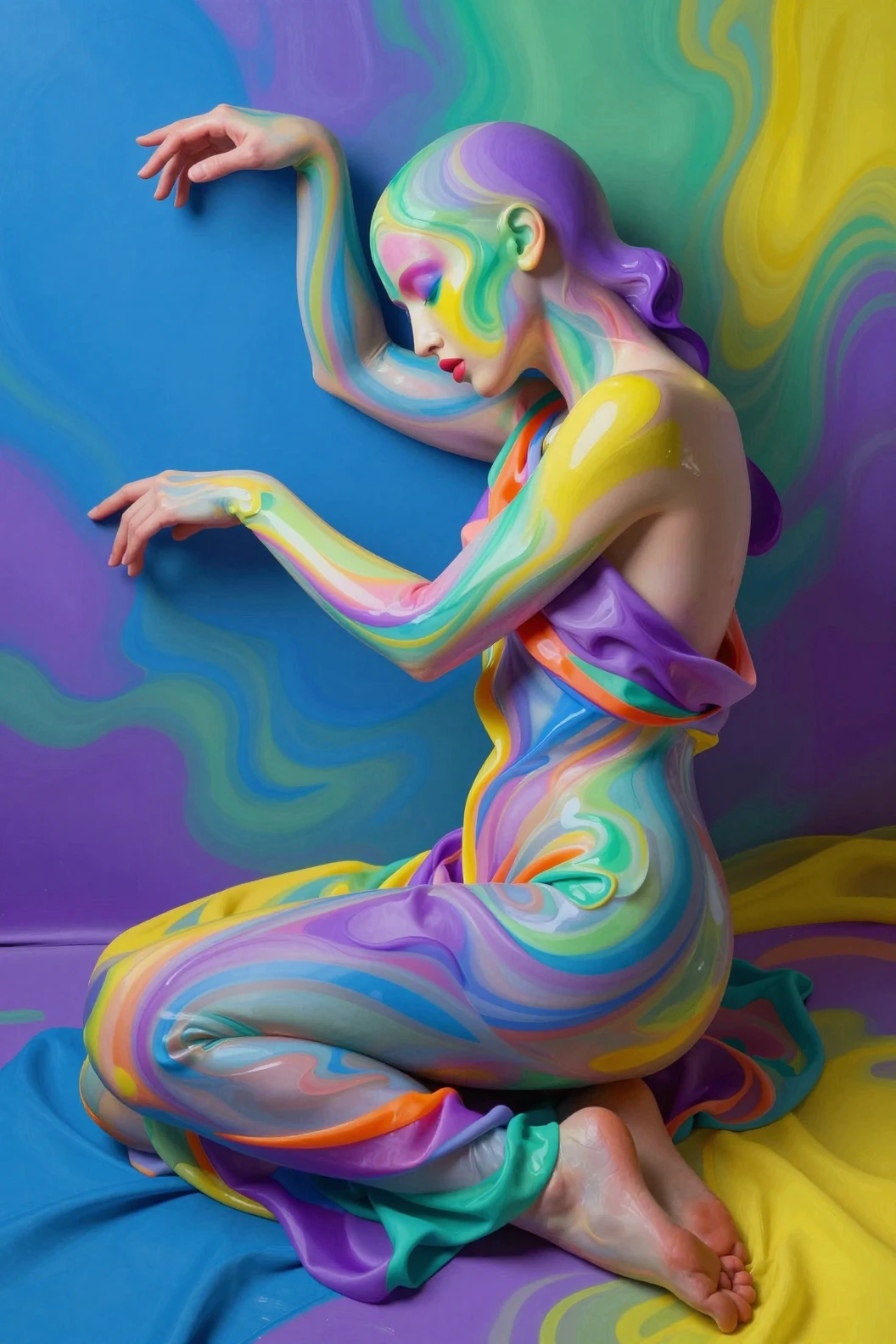 Abstract feminine figure wrapped in flowing rainbow silk