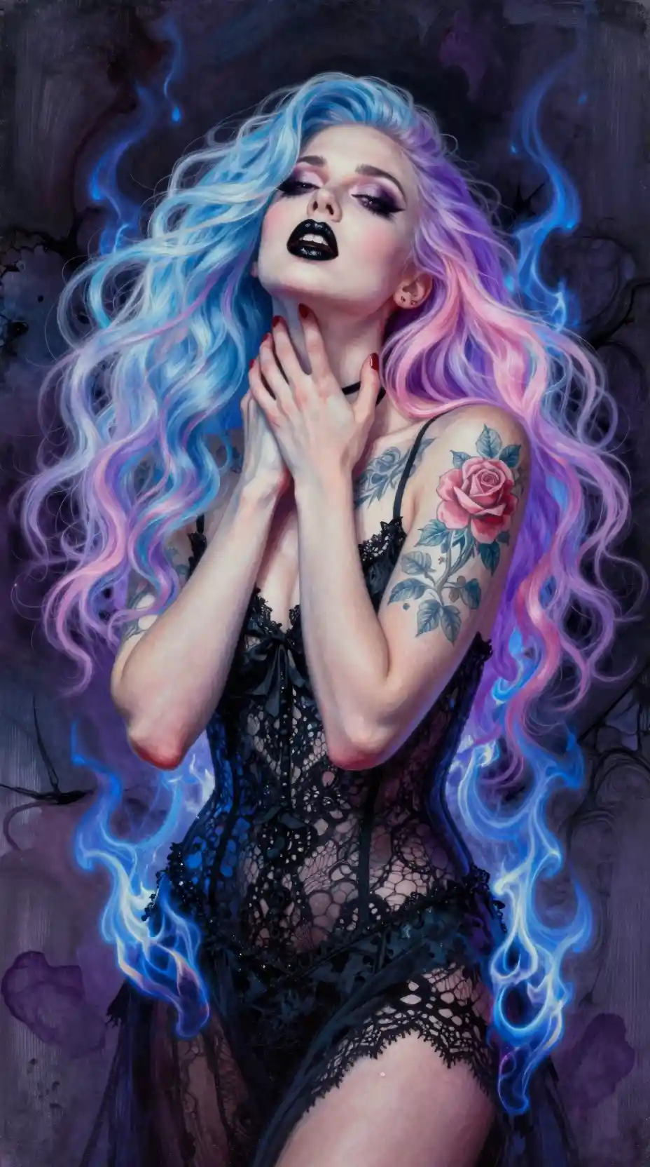 Boho gothic woman in lace dress wreathed in blue flames