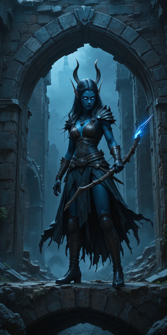 Blue elf warrior aiming an arrow from ruined stone archway
