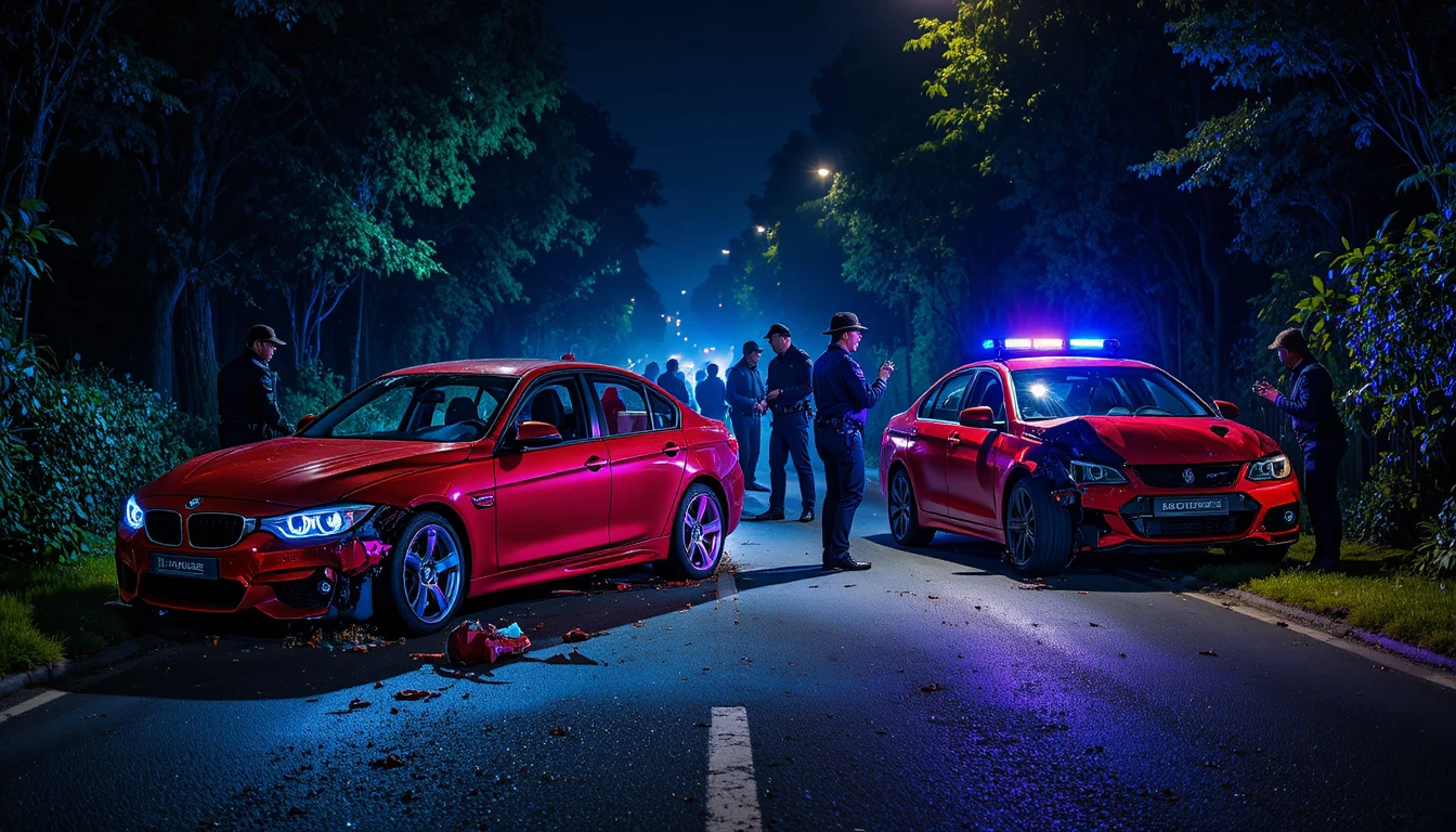 Night crash scene with damaged red sports cars and police