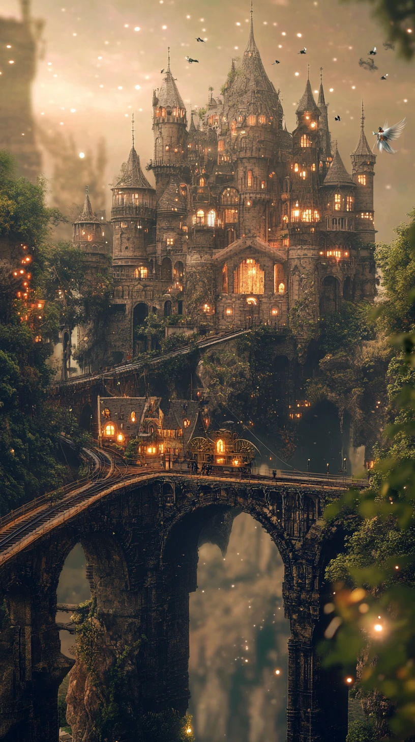 Whimsical flying train passing a lush fantasy castle
