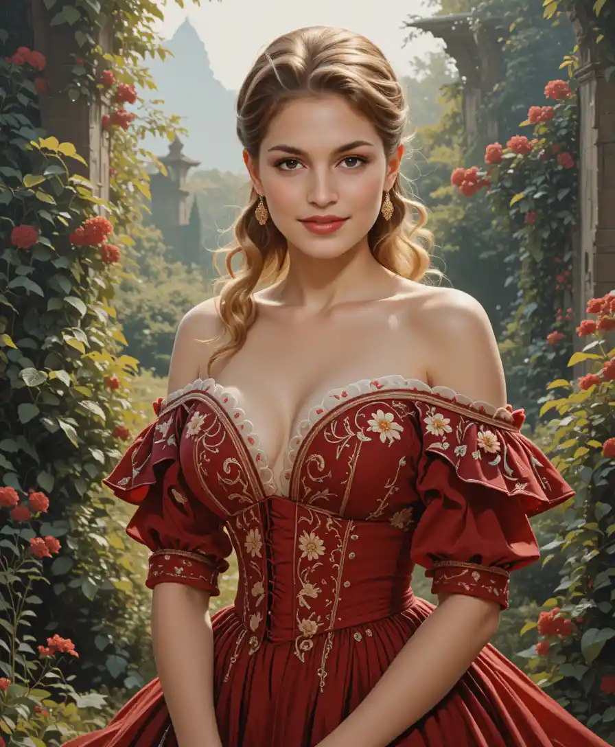 Donna bionda in abito rosso in un rigoglioso giardino – dipinto