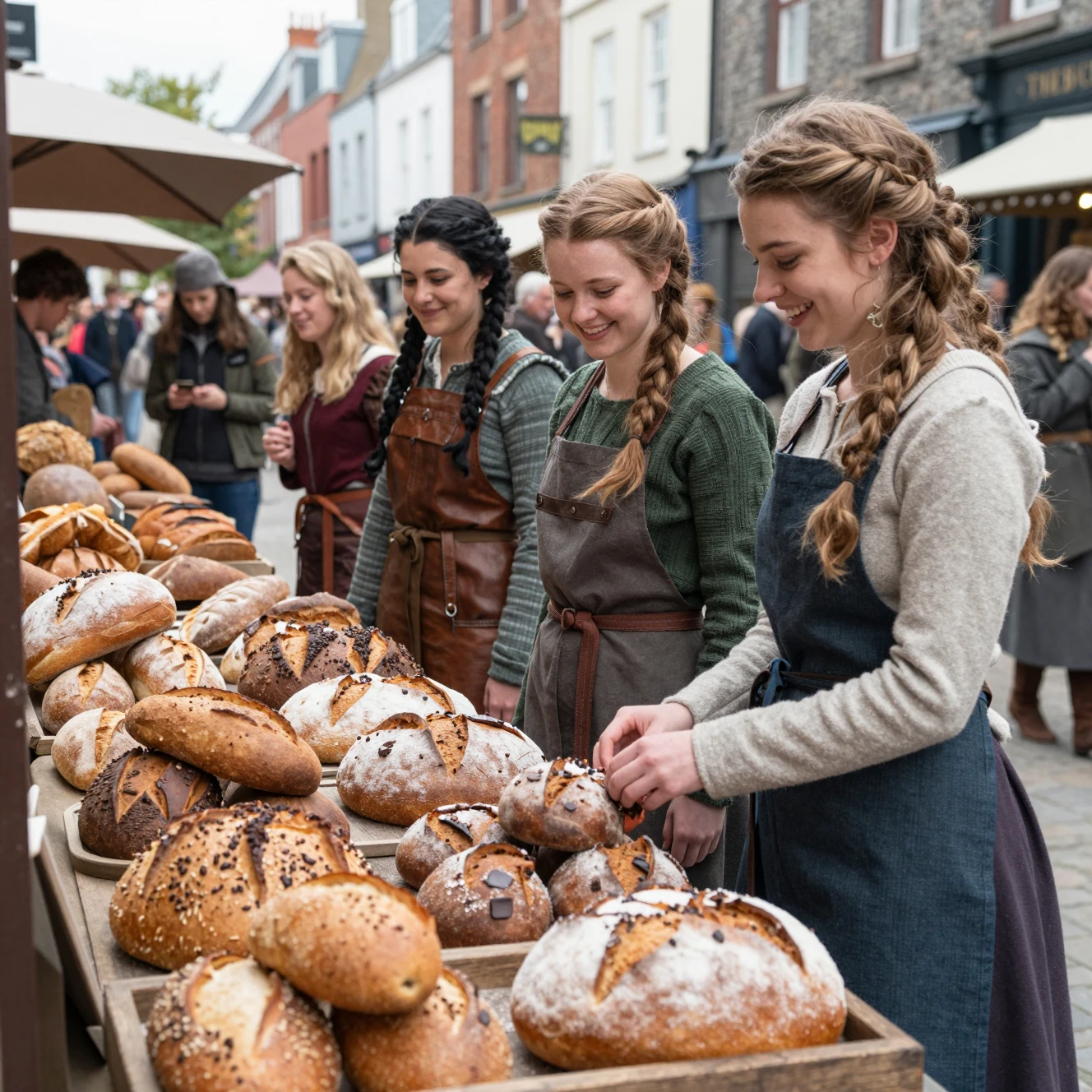 Young fantasy women selling bread at a busy market stall