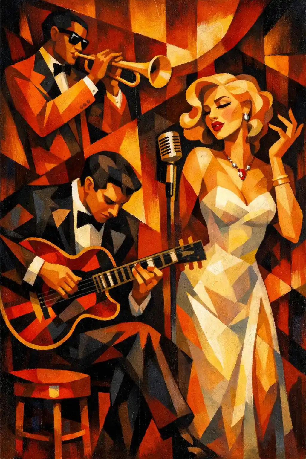 Trío de jazz cubista actuando en un acogedor club art déco