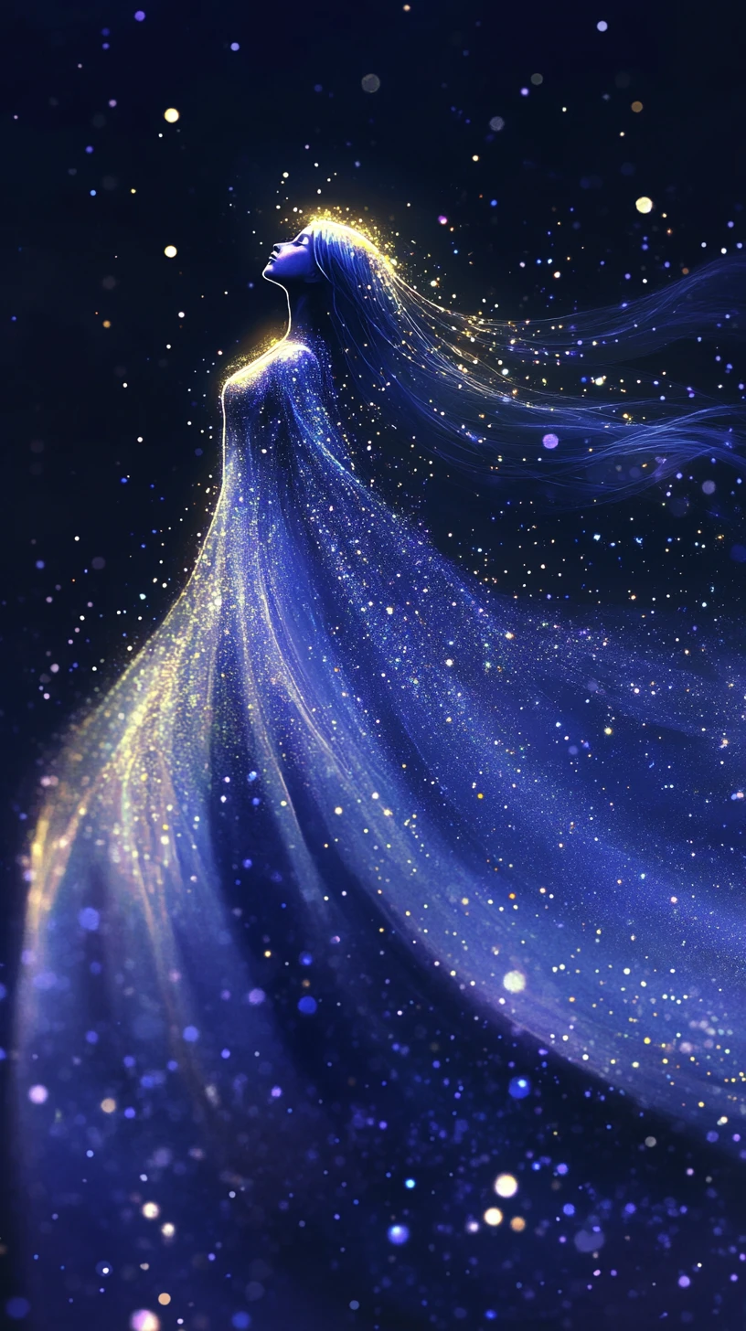 宇宙の闇に弧を描くエーテルな星空の女性