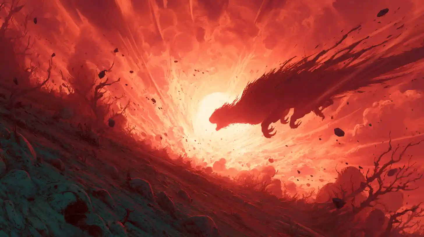 Monstre d’un autre monde déchaîné dans un paysage surréaliste apocalyptique