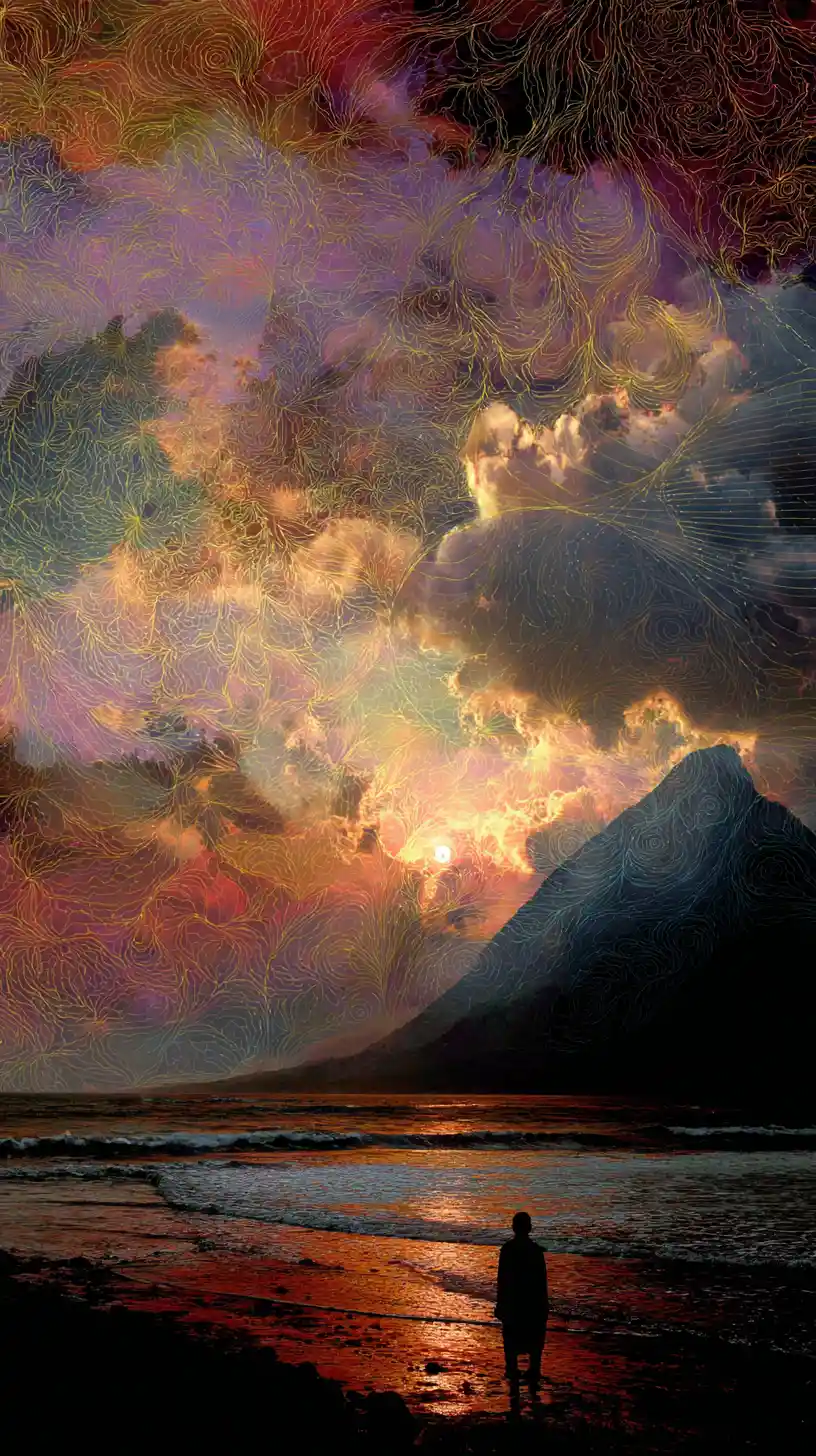 Ancient fantasy land with a solitary man standing