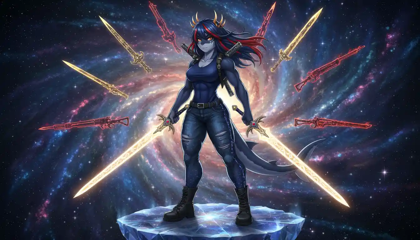 Anthro megalodon warrior woman guarding a cosmic core