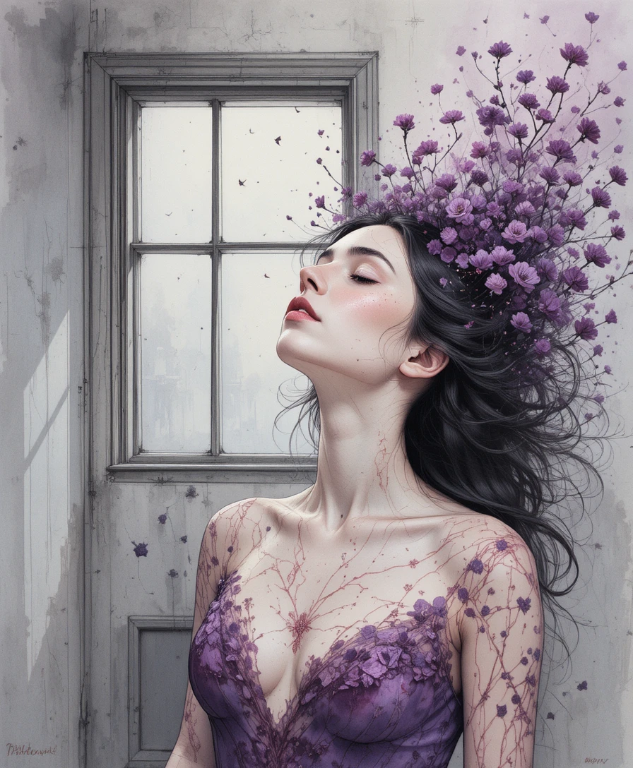 Woman drifting in a tilted watercolor room with closed eyes