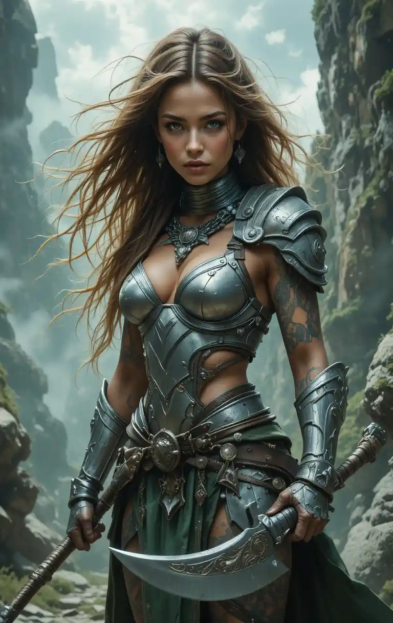 Tattooed female warrior with axe in rocky green landscape