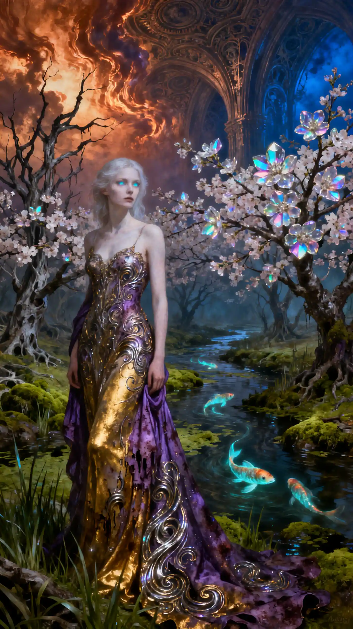 Mulher etérea em paisagem surreal de primavera com águas luminosas
