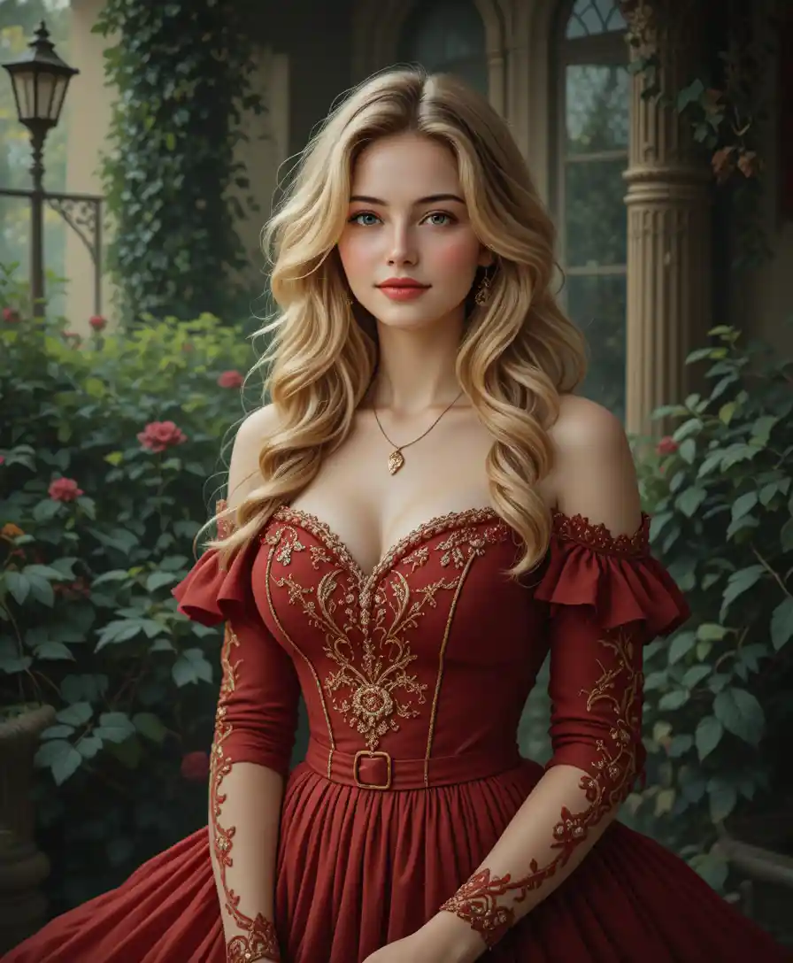Blonde woman in red dress in a lush garden painting