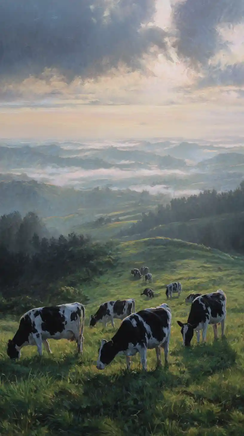 Vacas Pastando em Pasto Nebuloso ao Amanhecer - Pintura em Guache