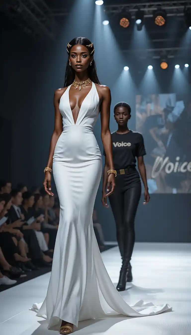 Modelo negra confiante com vestido de noite branco na passarela