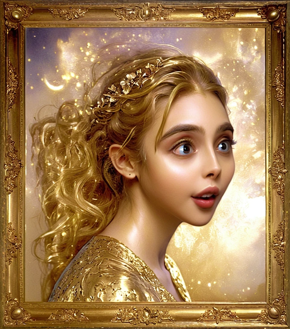 Blondes Mädchen im goldenen Kleid vor traumhaftem Sternenhimmel