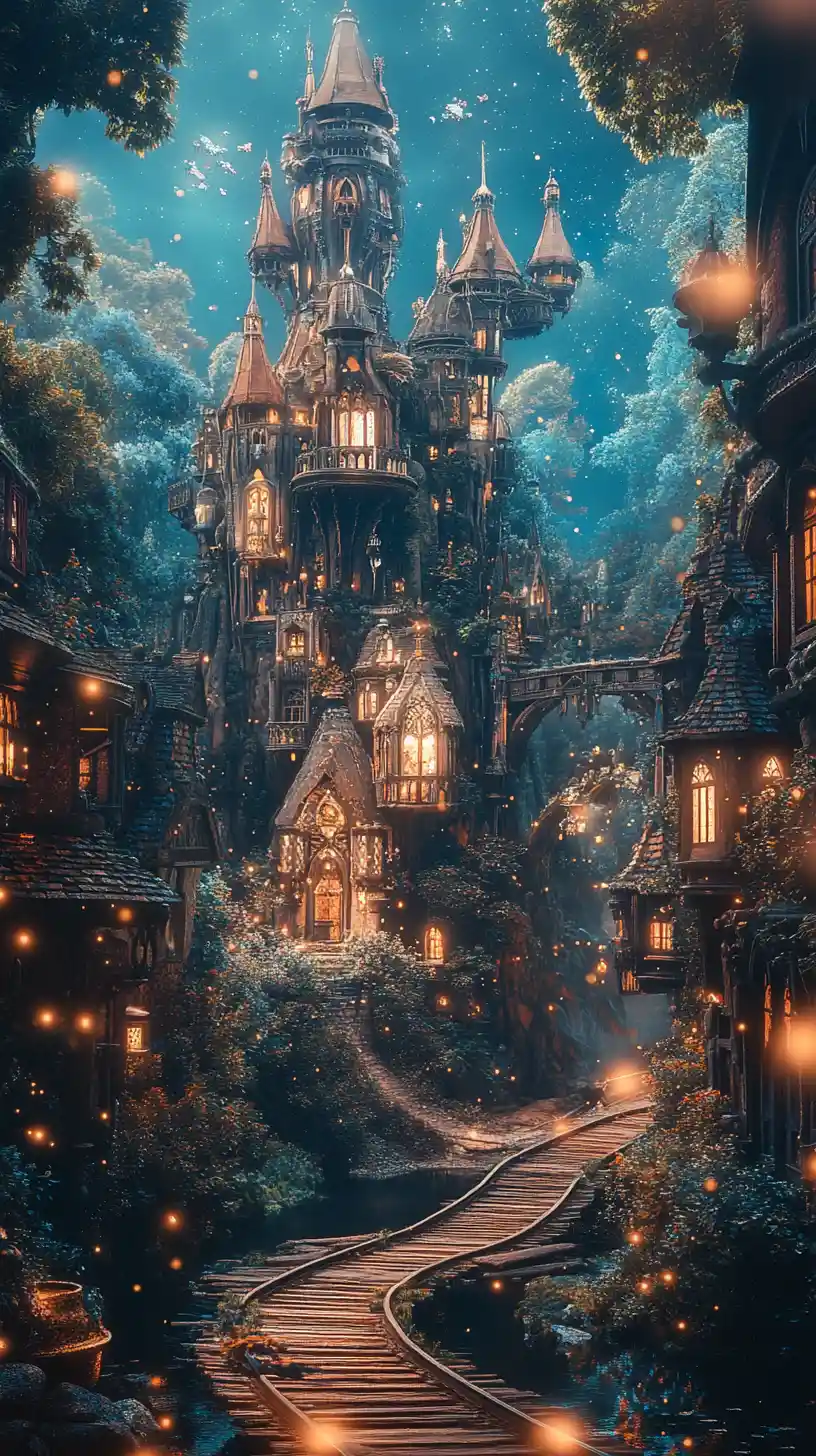 Flying train and steampunk tracks around a fantasy castle