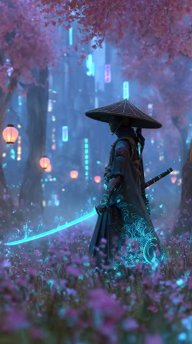 Female samurai with neon katana in cyberpunk flower field
