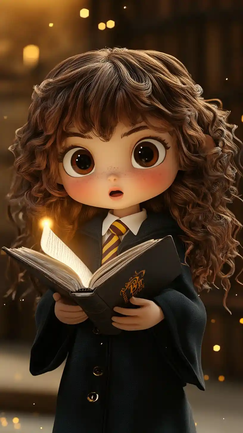 Chibi-Hexenmädchen mit leuchtendem Zauberbuch in dunkler Bibliothek