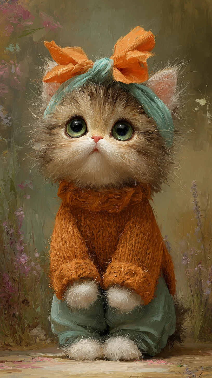 Gattino cartone animato soffice con maglione autunnale e fiocco
