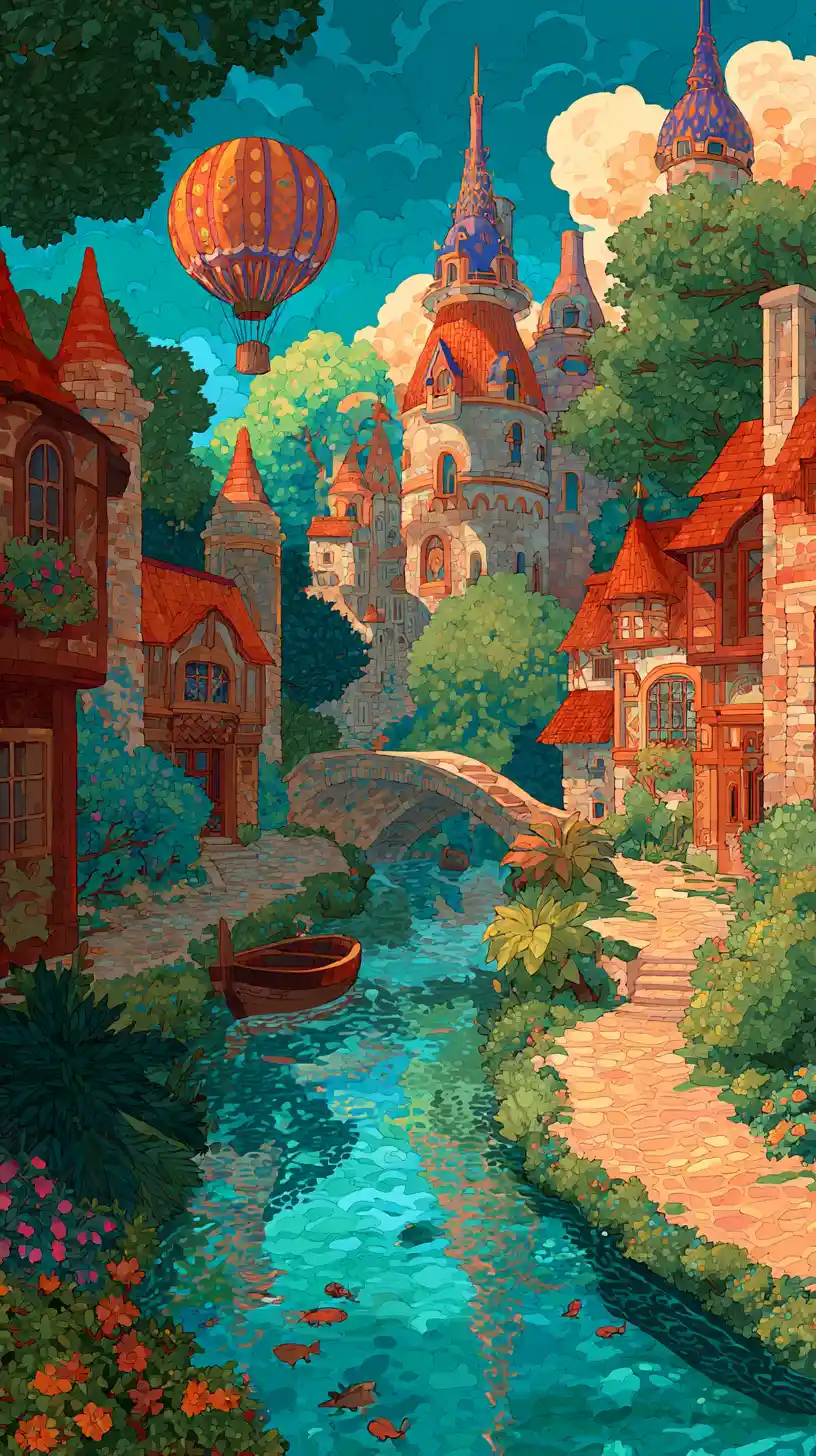 Villaggio fantastico e colorato con fiume e palloncini fluttuanti