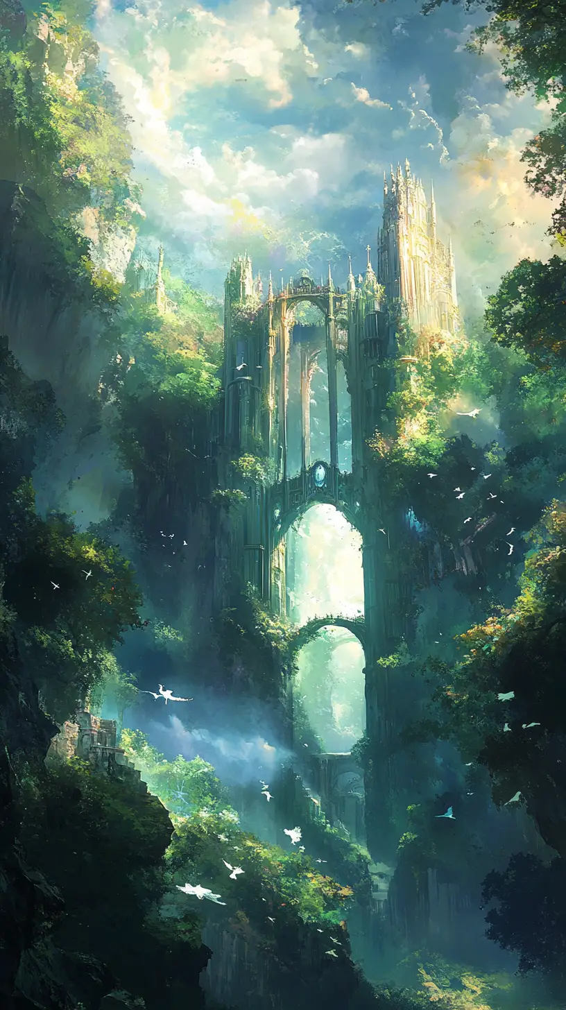 Heroic woman before a floating castle in lush forest