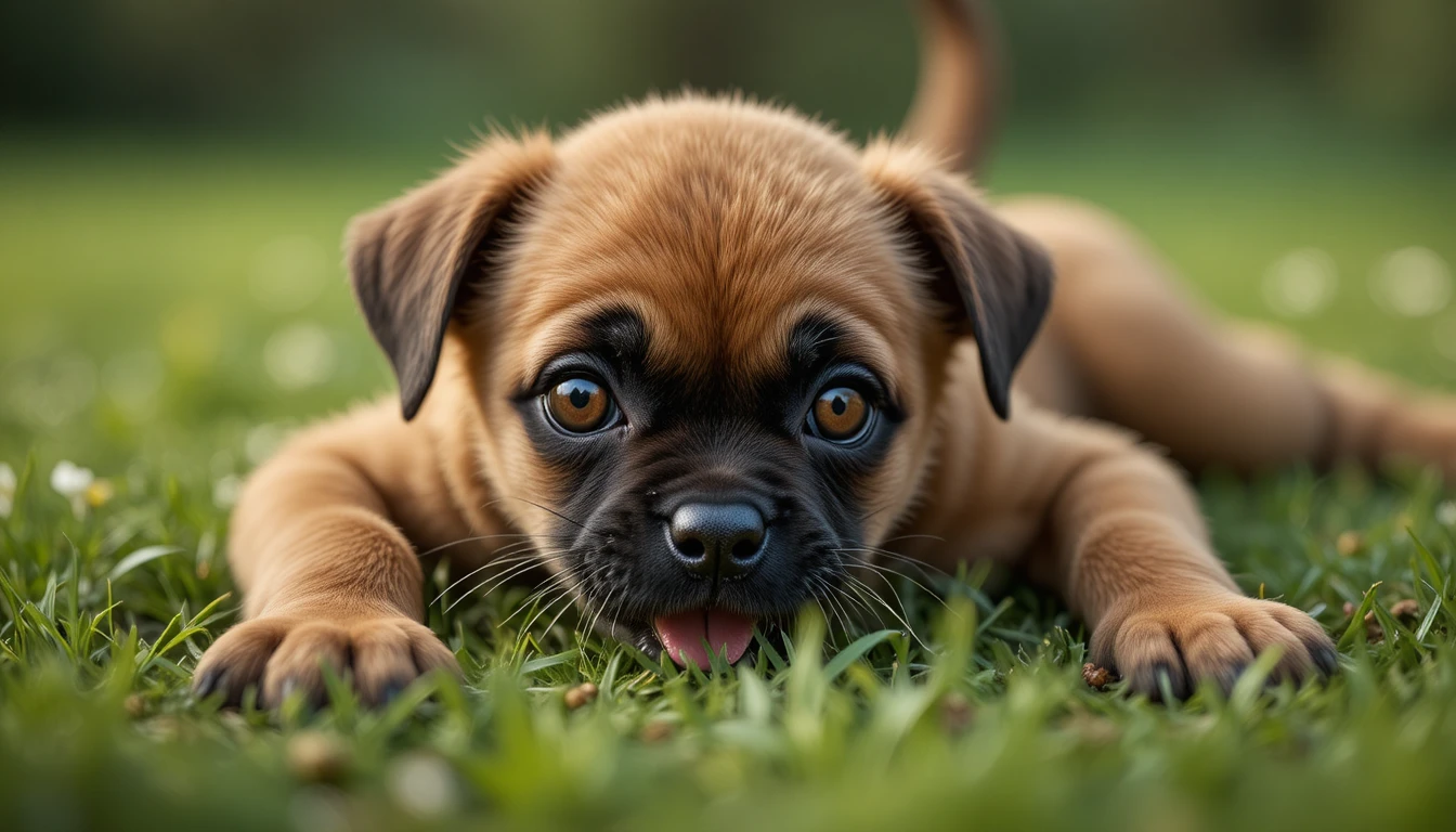 Cute tiger cub lying on grass with wide amber eyes